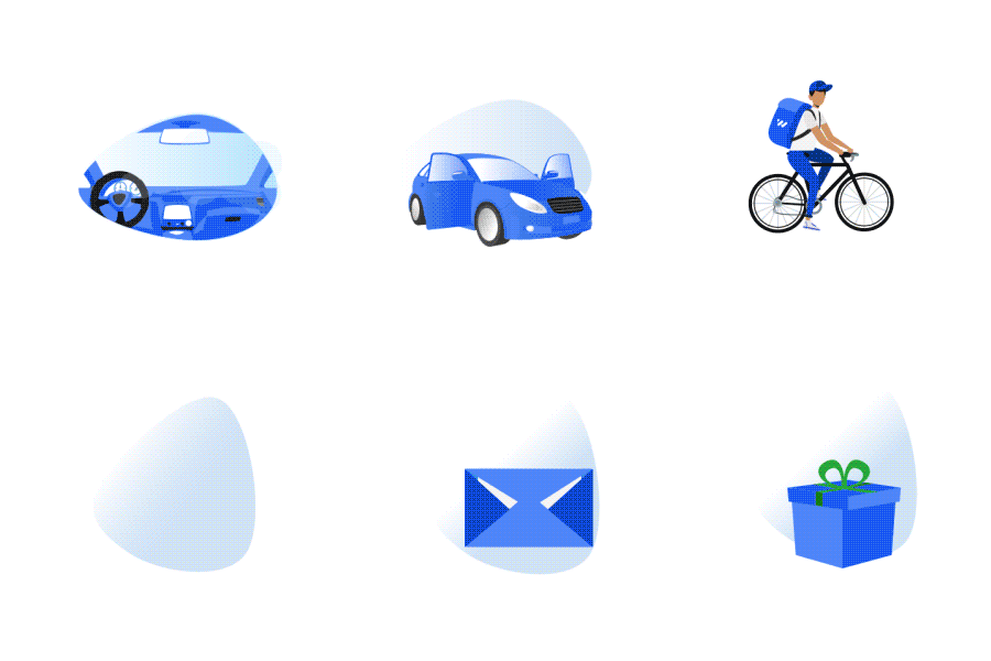 Animated illustrations: cars, a courier on a bike, an envelope and a gift box